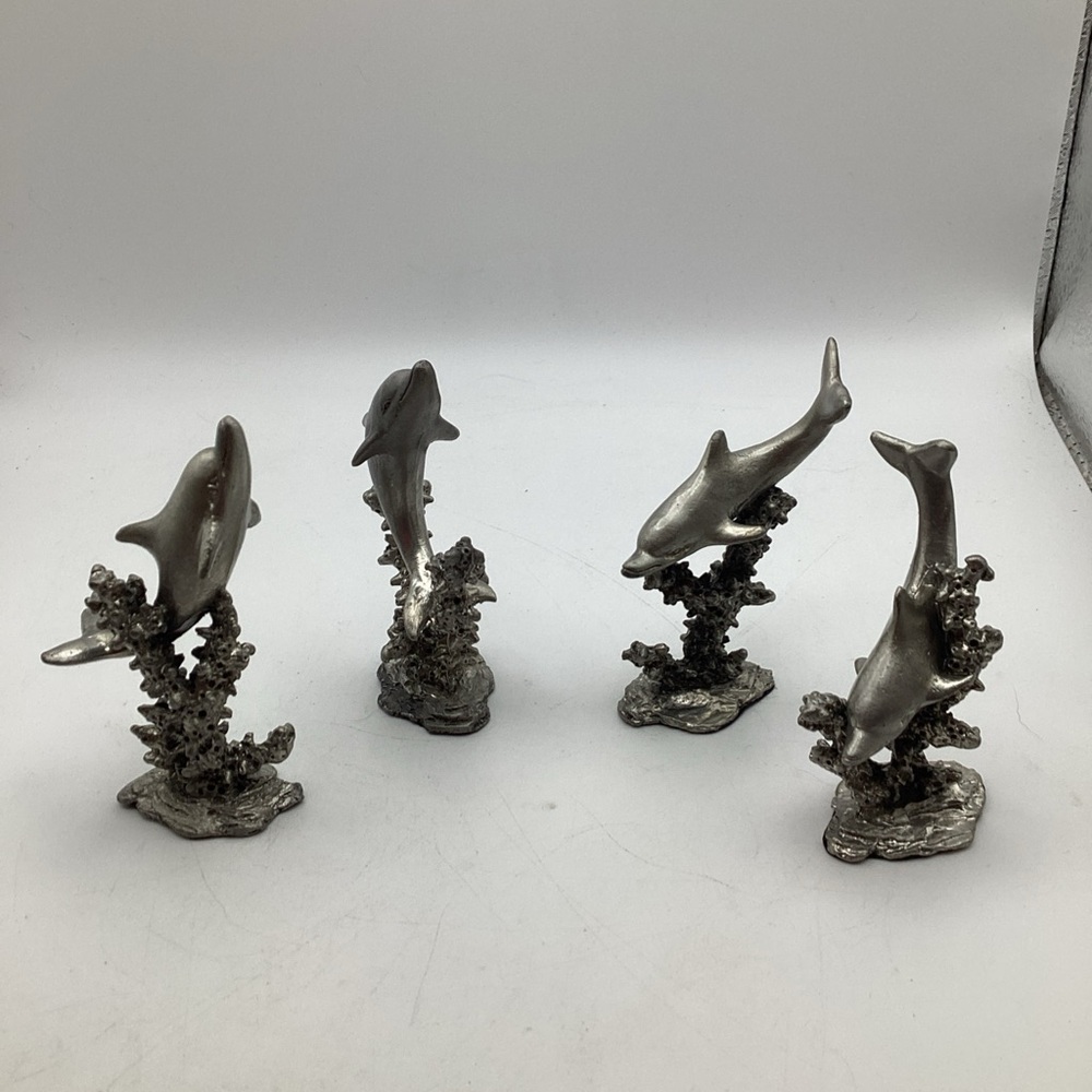 4 X Pewter Dolphin Sculpture 3" Reef Sea Life Figurine Vintage